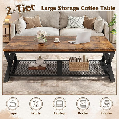 EnHomee Rustic Coffee Table with Storage, Farmhouse Coffee Table with Mesh Shelf, 2 Tier Rectangular Center Table for Living Room, Home Office, 47.2 Inch, Rustic Brown