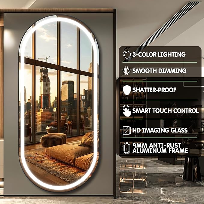 FENNIO Full Length Mirror with Lights, 80" x 36" LED Full Body Mirror, Wall Mounted Hanging Mirror with Lights for Bedroom, Salon, Dimmable & 3 Color Lighting, Tempered Glass