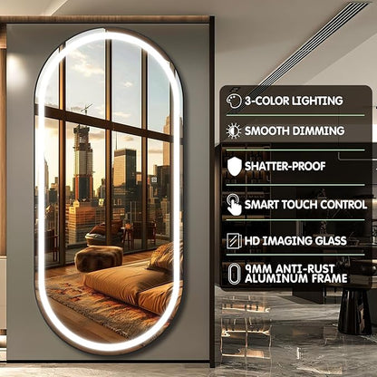 FENNIO Full Length Mirror with Lights, 80" x 36" LED Full Body Mirror, Wall Mounted Hanging Mirror with Lights for Bedroom, Salon, Dimmable & 3 Color Lighting, Tempered Glass