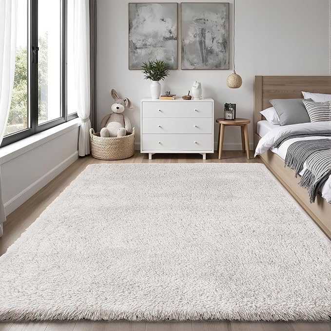 Area Rug for Living Room Bedroom: 6x9 White Soft Fluffy Shag Upgrade Non-Slip High Pile Carpet Large Fuzzy Plush Indoor Floor Decor Shaggy Rug for Kid Boys Girls Dorms Playroom Nursery Modern Home