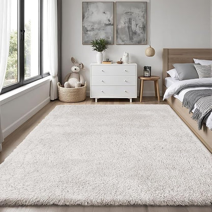Area Rug for Living Room Bedroom: 6x9 White Soft Fluffy Shag Upgrade Non-Slip High Pile Carpet Large Fuzzy Plush Indoor Floor Decor Shaggy Rug for Kid Boys Girls Dorms Playroom Nursery Modern Home
