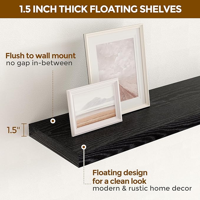 Fun Memories 32" W x 9.3" D Floating Shelves in Black, Rustic Wood Deep Shelves for Bedroom, Kitchen, Living Room, Long Floating Shelf for Wall, Storage Display Wall Shelf for Books Decor