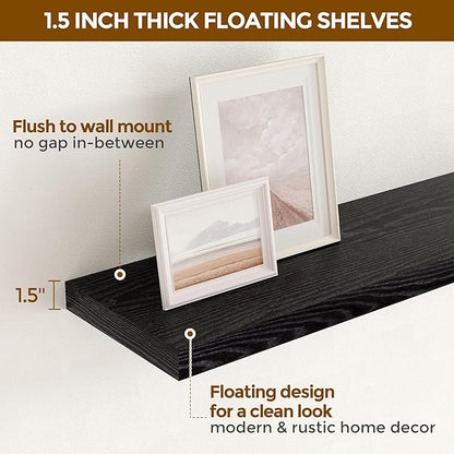 Fun Memories 32" W x 9.3" D Floating Shelves in Black, Rustic Wood Deep Shelves for Bedroom, Kitchen, Living Room, Long Floating Shelf for Wall, Storage Display Wall Shelf for Books Decor