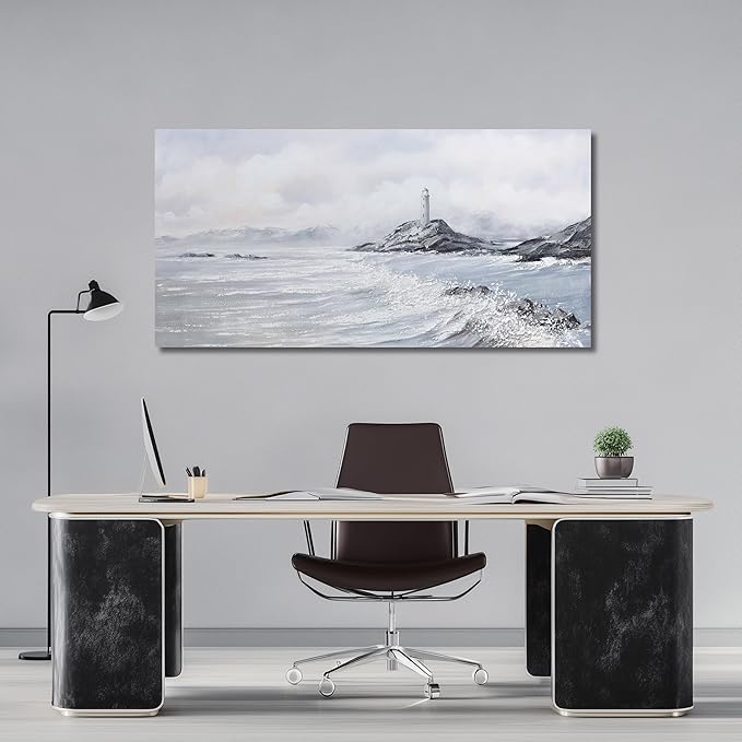 Belmrxne Coastal Wall Art White Wall Decor Large Ocean Canvas Painting Lighthouse and Mountain Artwork Modern Aesthetic wall prints for Living Room Dining Room Bedroom Office 29x58 Inches