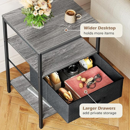 SUPERJARE Night Stand with Charger Station, 27.7 Inch Tall Nightstand with Adjustable Fabric Drawer, Bed Side Table, Fabric Drawer Dresser for Bedroom, Living Room, Charcoal Gray and Black