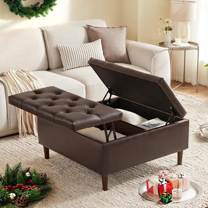 Weture 35 Inch Extra Large Storage Ottoman Coffee Table, No Assembly Required, Oversized Square Ottoman with Storage, Tufted Upholstered Ottomans Coffee Table for Living Room (Leather, Brown)