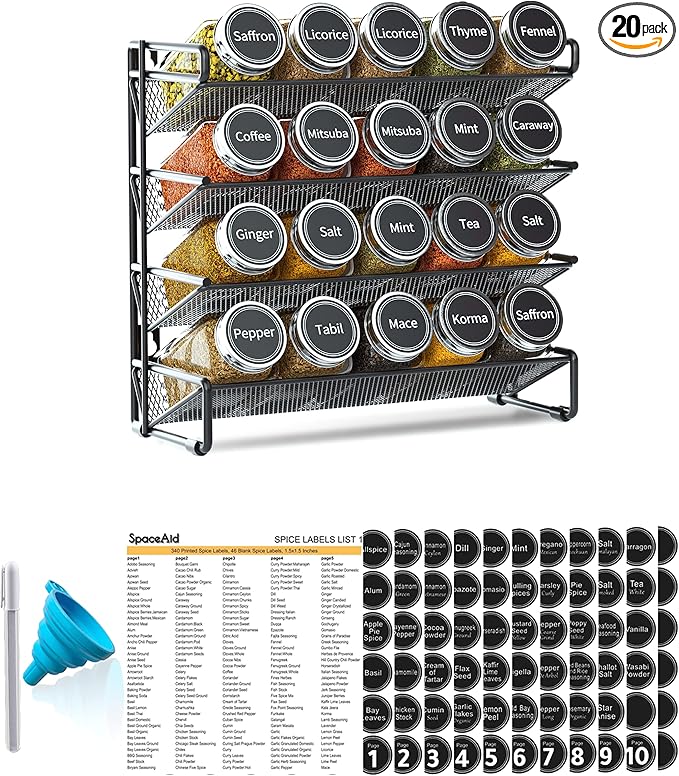 SpaceAid Spice Rack Organizer with 20 Spice Jars, 386 Spice Labels, Chalk Marker and Funnel Set for Cabinet, Countertop, Pantry, Cupboard or Door & Wall Mount - 20 Jars, 9.8" W × 10.8“H, Black