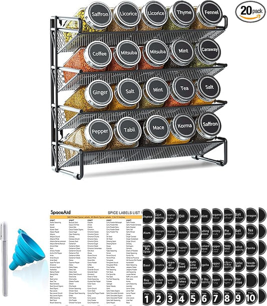SpaceAid Spice Rack Organizer with 20 Spice Jars, 386 Spice Labels, Chalk Marker and Funnel Set for Cabinet, Countertop, Pantry, Cupboard or Door & Wall Mount - 20 Jars, 9.8" W × 10.8“H, Black