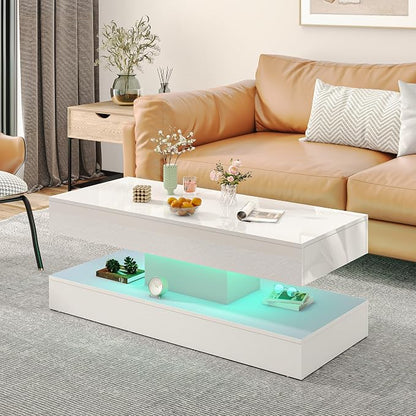 Uspeedy 47.3in Large High Glossy LED Coffee Table with 2 Storage Drawers,Black/White Modern Coffee Tables for Living Room,Living Room Tables,APP LED Lights (White)