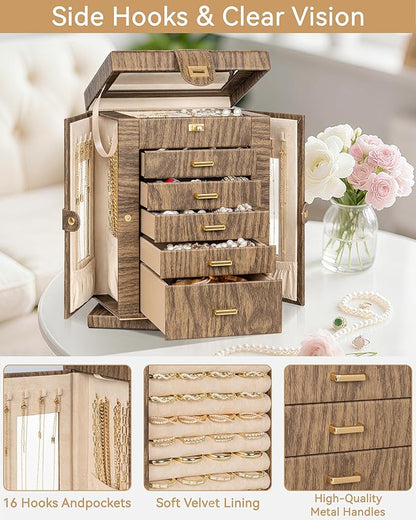 AKOZLIN 360° Rotating Jewelry Box 6-Tier Organizer Functional Jewelry Storage Case for Women Girls Ring Necklace Earring Bracelet Holder with Mirror Color Wood Grain