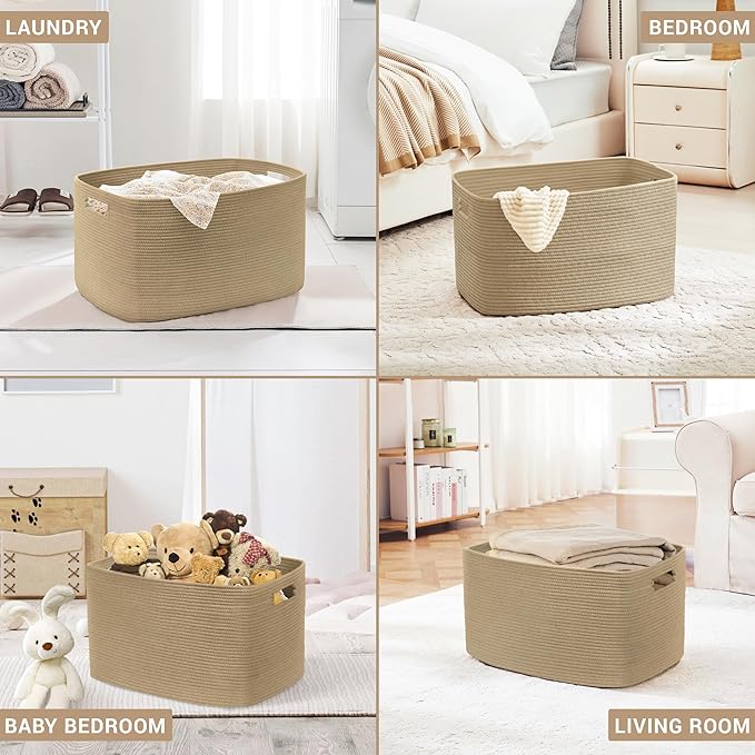 SunNewt 45L Small Wicker Laundry Basket for Living Room Storage,Cute Boho Woven Cotton Rope Baskets for Kids Toy,Gifts,Square Blanket Hamper for Bedroom Dirty Clothes,Jute