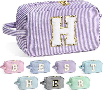 YOOLIFE Initial Makeup Bag for Women - Monogram Cute Makeup Bag Cosmetic Case Toiletry Pouch for Women Her Best Friend Sister Teacher, Personalized Birthday Gifts for Women, Purple H