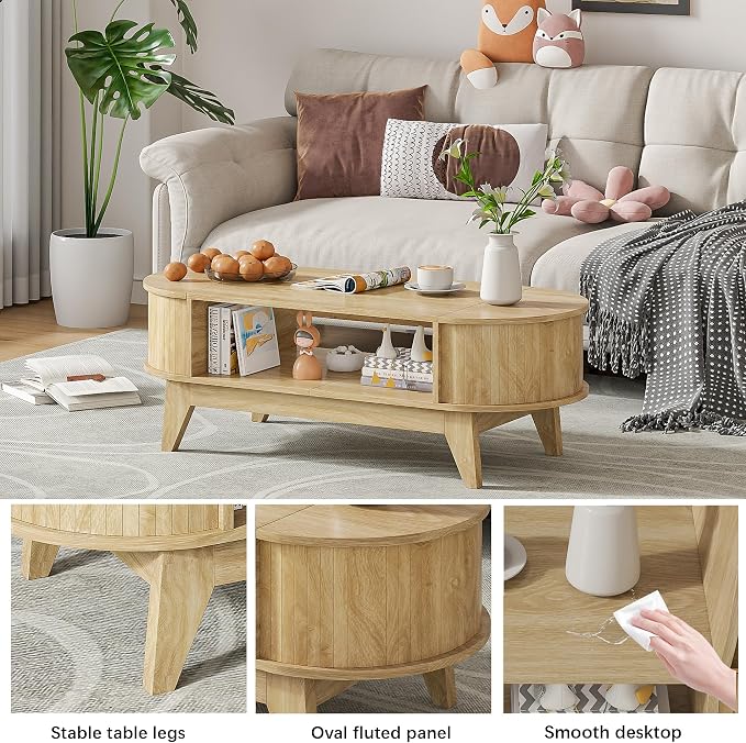 Coffee Table with 2 Hidden Storage,Mid Century Modern Coffee Table with Fluted Finish,Wood Center Tables Oval Coffee Tables with Flip-Top Lids for Living Room Home Office (Oak)