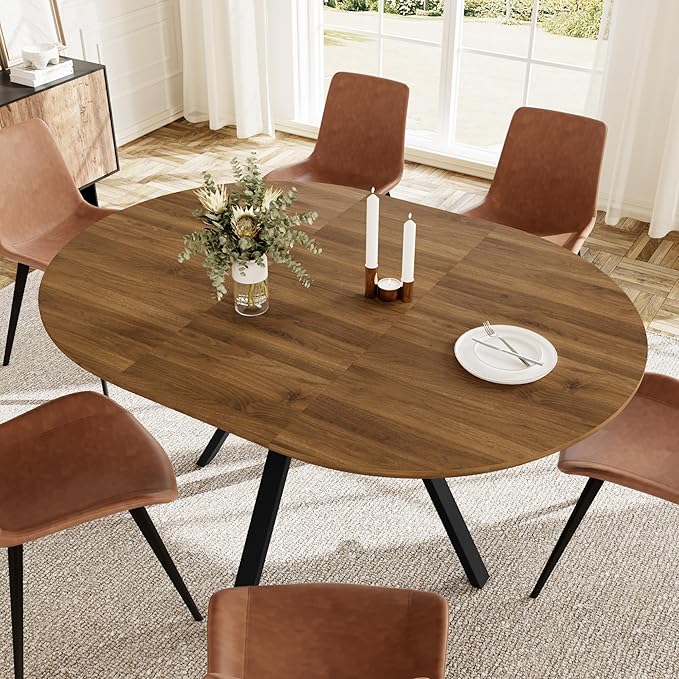 Extendable Round Dining Table Set for 6 People, 43.3"-59.1" Extendable Kitchen Table with 6 Upholstered Chairs, Space Saving for Kitchen Dining Room (Walnut Table+6 Brown Chairs)