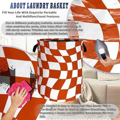 Orange Checkerboard Laundry Hamper Foldable Oxford Cloth Colorful Plaid Laundry Basket With Handle Portable Clothes Storage Organizer Basket 18.9"x16.5" Storage Bag For Laundry Room/Bathroom/Bedroom