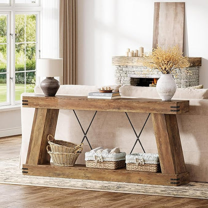 Tribesigns 70.9" Farmhouse Console Table, Long Sofa Table Behind Couch with Storage, Narrow Wooden Console Station, Industrial Rustic Entryway Furniture for Hallway, Entry, Living Room, Brown