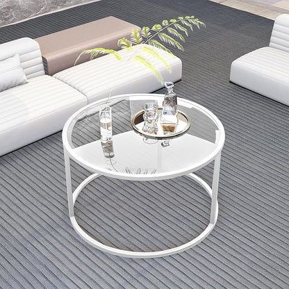 Round Glass Coffee Table for Living Room,Minimalist Modern Center Table with Metal Frame for Small Space,Easy Assembly,27 x 27In, White