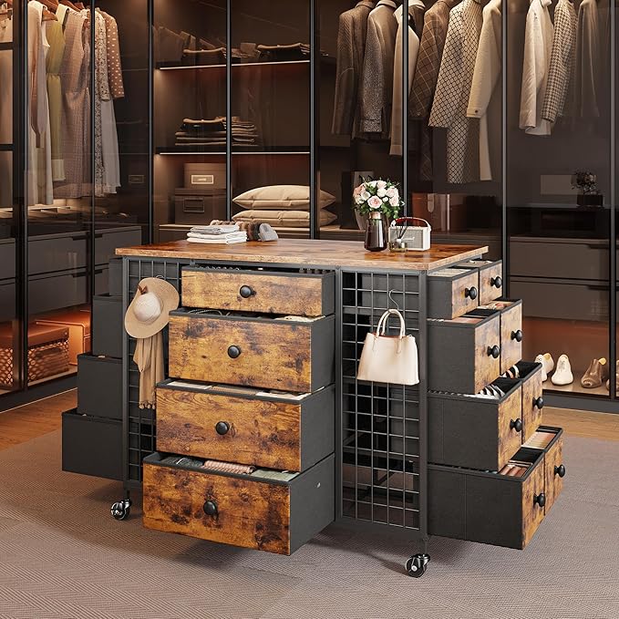 EnHomee 24 Drawers Dresser for Bedroom, Dressers & Chests of Drawers with 4 Wheels and 40" x 23" Wide Wooden Top, Metal Frame, Closet Island with Hooks, Cloakroom, Dressing Room, Rustic Brown