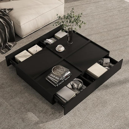 Coffee Table with Storage,Modern Center Table with 4 Hidden Drawers for Living Room,Rectangle Coffee Table for Home Furniture,Bedroom,Black