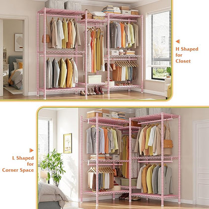Raybee Clothes Rack, Clothing Racks for Hanging Clothes, L Shaped Clothing Rack for Corner 900LBS Heavy Duty Clothes Rack Garment Rack 74.5" W X 18" D X 77" H, Pink