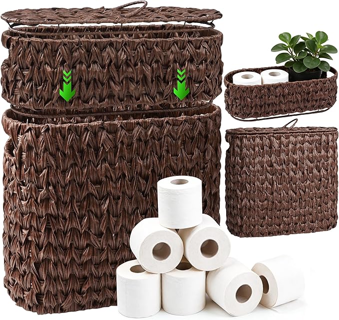 Livole 2-in-1 Toilet Paper Basket with Lid Toilet Paper Storage - 16 Regular Rolls or 12 Mega Rolls Woven Plastic Rattan Waterproof Toilet Paper Organizer for Bathroom, Browm