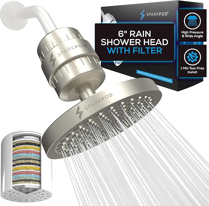 SparkPod 23-Stage Filtered Shower Head, 6" Round, Brushed Nickel | Filtered Shower Head for Hard Water Filter, High Pressure, Reduces Chlorine, Heavy Metals, For Dry Skin & Hair
