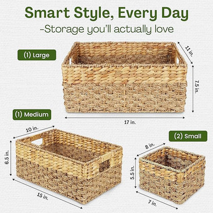 Seagrass and Hyacinth Nesting Wicker Basket, Multi-Size, 4 pack, Natural Woven Storage Baskets for Organizing Living Room, Shelves, Pantry