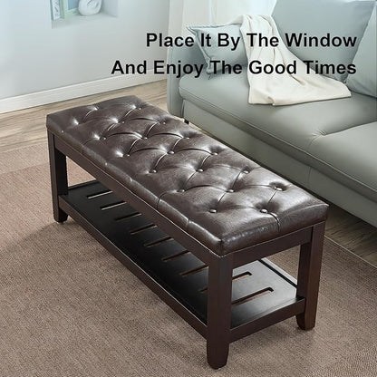44" Ottoman Bench, Upholstered End of Bed Bench, Oversized Footrest with Wood Shelf torage Storage Bench for Bedroom, Entryway, Living Room, Dark Brown(PU)