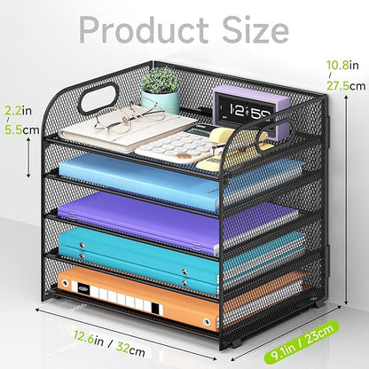 Cawukege 2 Pack 5 Tier Paper Organizer, Letter Tray with Handle, Mesh Desk Organizer, Metal File Organizer, Office Desk Accessories for Home, Office, Classroom, School -Black