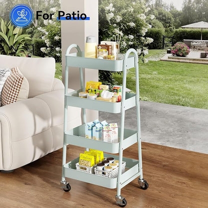 OLIXIS Metal 4 Tiers Utility Rolling Cart, Mobile Storage Shelf with Lockable Caster Wheels, Organization for Livingroom, Bathroom, Kitchen, & Narrow Places, 4-Tier Green