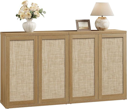SICOTAS Rattan Sideboard Buffet Console Cabinet - 2 Pieces Boho Coffee Bar Cabinet with Storage & Adjustable Shelves, Farmhouse Credenza Stand for Living Room, Hallway, Kitchen, Oak