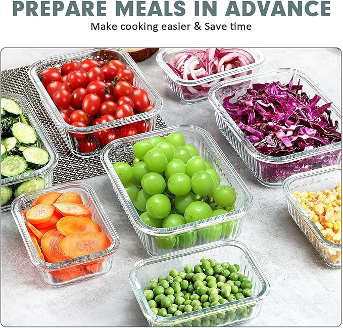 KOMUEE 10 Packs Glass Food Storage Containers Set, Glass Meal Prep Containers with Lids, Airtight Lunch Containers, Microwave, Oven, Freezer and Dishwasher Safe, White