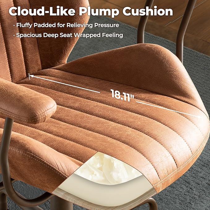 ovios Home Office Chair, Mid-Century Modern Faux Suede Leather Ergonomic Chairs, Mid Back Comfy Computer Swivel Rolling Task Executive Armchair, Brown