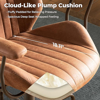 ovios Home Office Chair, Mid-Century Modern Faux Suede Leather Ergonomic Chairs, Mid Back Comfy Computer Swivel Rolling Task Executive Armchair, Brown