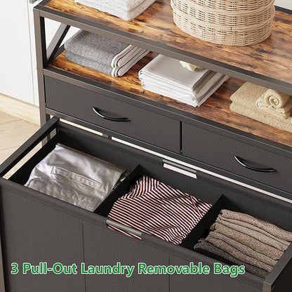 Laundry Hamper 3 Section, 150L Rolling Laundry Sorter Basket with 2 Shelves and 2 Drawers, 3 Compartment Clothes Organizer Cart with Wheels, Pull-Out Bags for Laundry Room, Bathroom, Bedroom