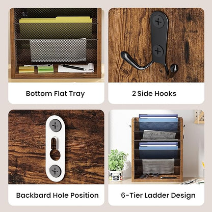 Creso hom Mail Organizer Wall Mounted, 6-Tier Wall File Organizer with 2 Hooks, Wooden Desk Organizer Magazine Holder with Bottom Flat Tray, for Office Home, Rustic Brown