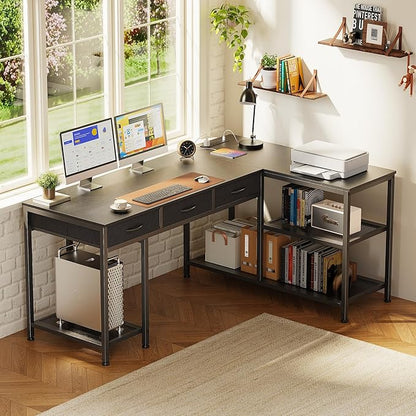 PRAISUN 55 Inch L Shaped Office Desk with Power Outlets and Type-C Port, Large Computer Gaming Desk with 3 Fabric Drawers, Mesh Shelves, Corner Study Work Writing Desk, Black