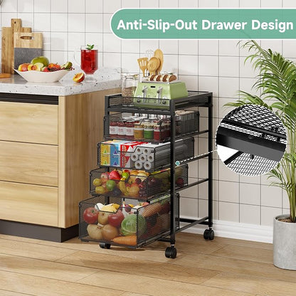 keomaisyto 5-Tier Kitchen Storage Cart with Top Basket & Drawers, Fruit and Vegetable Storage Rack on Wheels, Metal Rolling Cart with Drawers & Kitchen Organization for Snacks, Potatoes, Onions, Cans