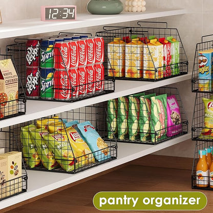 Jakyitvi 6 Pack Stackable Wire Baskets for Pantry,6 Pank Metal Pantry Organizer Storage Bins for Kitchen Snack, Fruit, Potato, Onion & Vegetable Storage, Wire Baskets for Pantry Organization