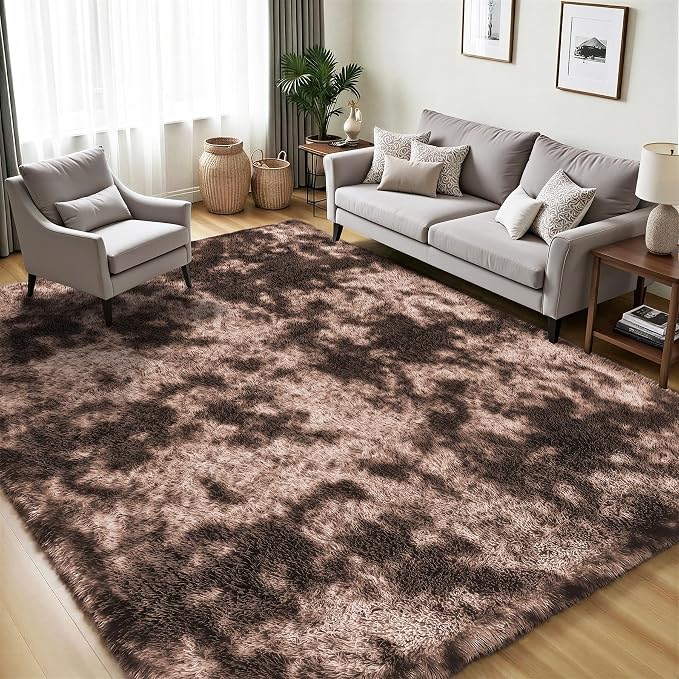 Area Rug for Living Room Bedroom: 4x6 Soft Fluffy Shag Upgrade Non-Slip High Pile Carpet Large Fuzzy Plush Indoor Floor Decor Shaggy Coffe Tie-Dyed Rug for Kid Boys Girls Playroom Nursery Modern Home