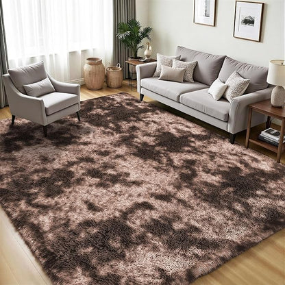 Area Rug for Living Room Bedroom: 4x6 Soft Fluffy Shag Upgrade Non-Slip High Pile Carpet Large Fuzzy Plush Indoor Floor Decor Shaggy Coffe Tie-Dyed Rug for Kid Boys Girls Playroom Nursery Modern Home