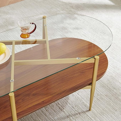 Oval Glass Coffee Table, Mid-Century Modern Design, L42*W22*H17 inch, for Living Room, Clear Glass Top and Walnut Finish Wood Shelf, Conical Metal Legs with Gold Finish