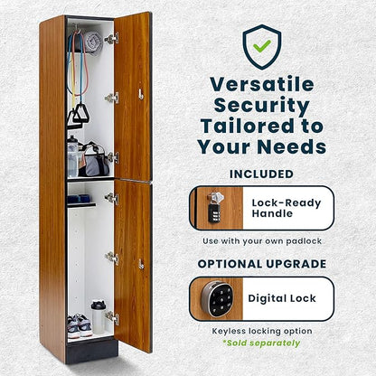 Alpine 2 Door Wooden Locker Cabinet - 72" Expandable Commercial Storage Lockers for Gym, Spa, Office & Golf Club - Includes Metal Base & Lock-Ready Handle, Single Column 2 Tier - Oak