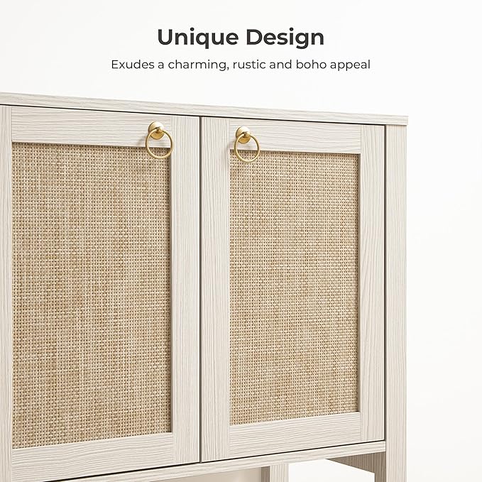 SICOTAS Rattan Sideboard Buffet Cabinet with Open Storage - Large Storage Cabinet with 4-Doors and Adjustable Shelves, Boho Credenza Coffee Bar Cabinets Buffet Table Console Table for Kitchen,Hallway