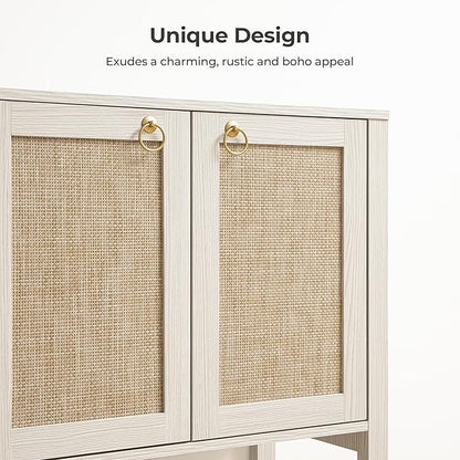 SICOTAS Rattan Sideboard Buffet Cabinet with Open Storage - Large Storage Cabinet with 4-Doors and Adjustable Shelves, Boho Credenza Coffee Bar Cabinets Buffet Table Console Table for Kitchen,Hallway