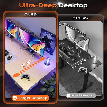 Huuger 63 x 28 Large Electric Standing Desk, Height Adjustable Computer Desk, 27.6" Deep Desktop, Stand up Gaming Office Table with 2 Hooks, 3 Preset Heights, for Home Office, Maple
