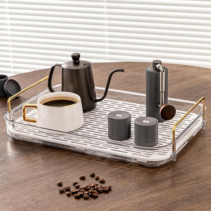 Coffee Bar Accessories, Station Organizers,Large Capacity Storage with Drain Board,Whisky Tray,Mug Tea Cup Holder Coffee Bar Organizer, White Clear