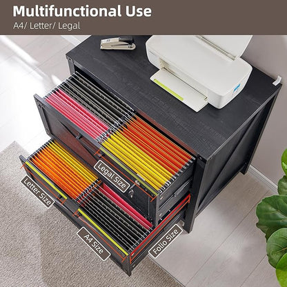 JXQTLINGMU 2 Drawer Nightstand, 31" Wood Lateral Filing Cabinet with Lock for Home Office, Compatible Legal Letter/A4/F4,Sturdy and Solid Storage Furniture,Black