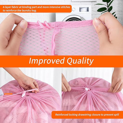 Polecasa Heavy Duty Large Mesh Laundry Bags with ID Tag and Locking Drawstring Closure - 2 Pack, 24 x 36 inches - Laundry Hamper Liner, Washable Laundry Bag for Travel, Sports, Dorms (Pink)