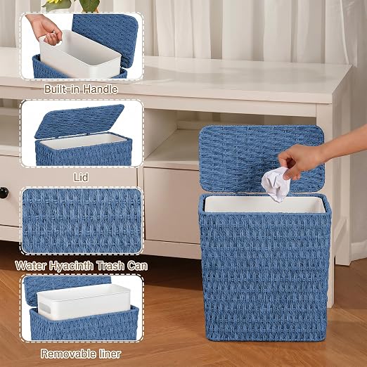 iEGrow Paper Rope Trash Can,Bathroom Trash Can with Lid, 3 Gallon Wicker Waste Basket with Removable Liner, for Bedroom, Living Room, Toilet, Under Sink Blue
